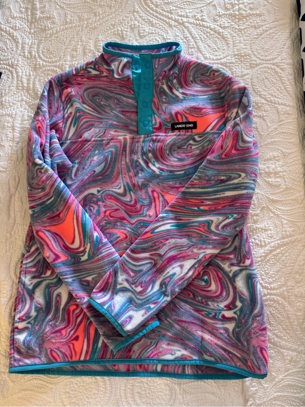 Lands' End Marble Swirl Fleece Pullover in Pink, Teal & Gray